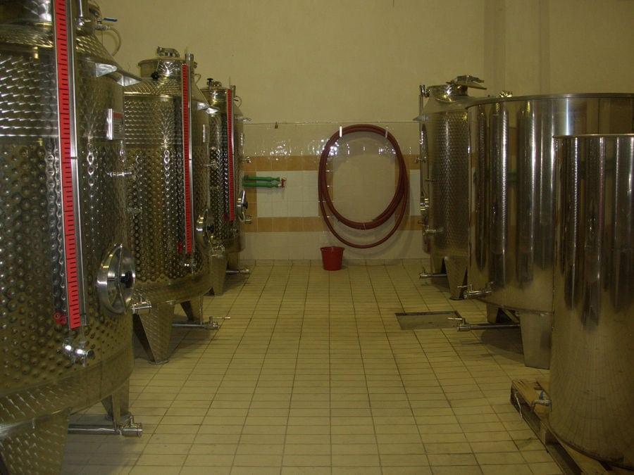 aluminum wine storage tanks at 'Domaine Karanika' facilities